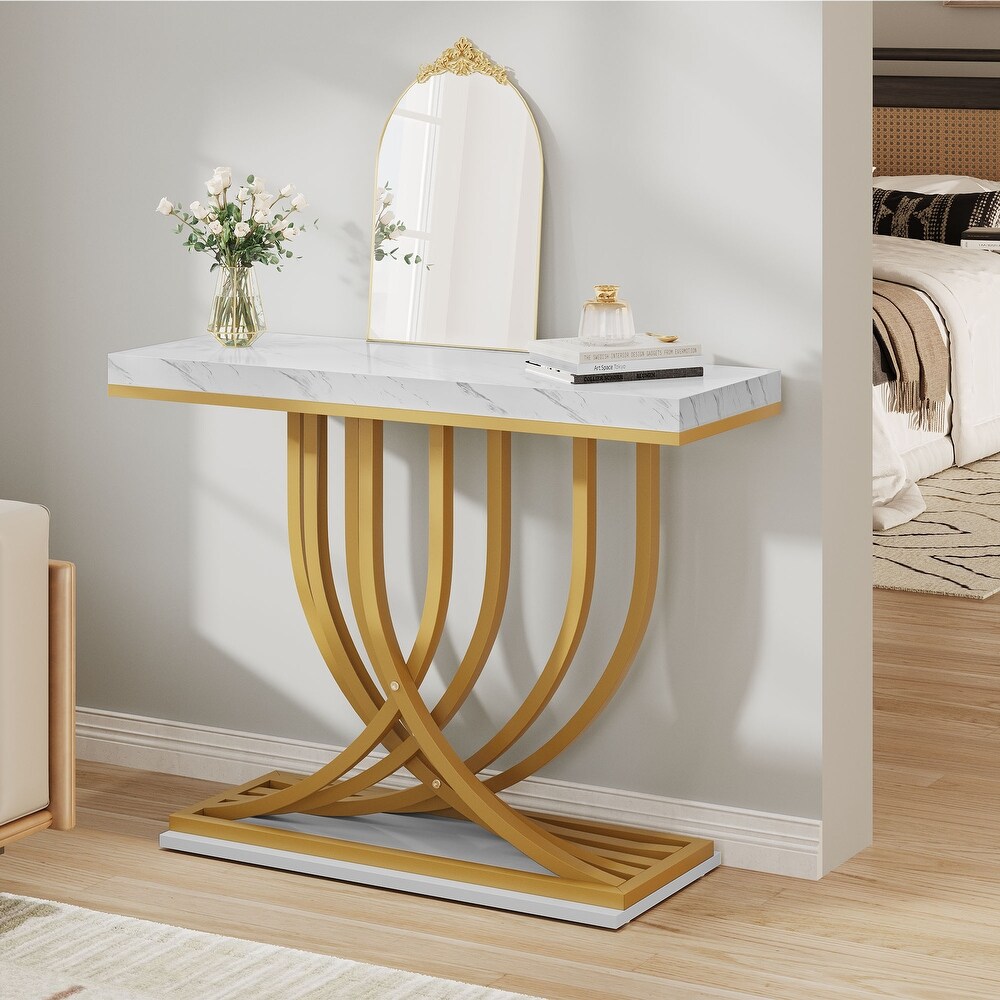 Modern Gold Console Sofa Table with Marbling Top for Entryway Hallway