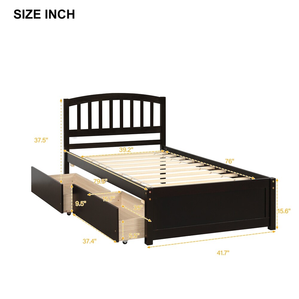 Twin Size Solid Wood Storage Platform Bed with Headboard   2 Drawers