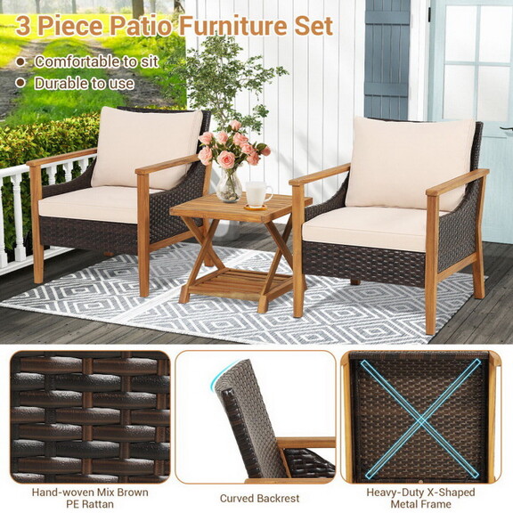 Costway 67298541 3 Pieces Patio Wicker Furniture S...