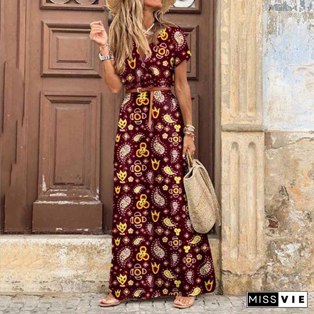 Summer Women's Fashion Retro Floral Elegant Dress Ladies Loose Casual Long Dress One-piece Bohemian Dress with Free Belt