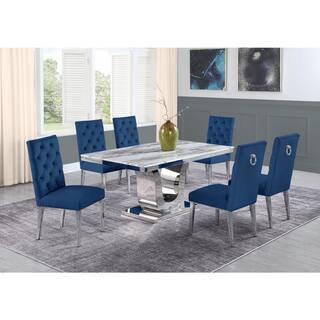 Best Quality Furniture Ada 7-Piece White Marble Top with Stainless Steel Base Table Set with 6-Navy Blue Velvet Chairs with Tufted Buttons D14-6SC69