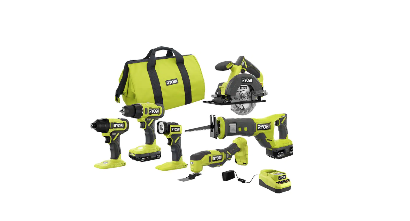 RYOBI PCL1600K2 ONE+ 18V Cordless 6-Tool Combo Kit with 1.5 Ah Battery， 4.0 Ah Battery， and Charger