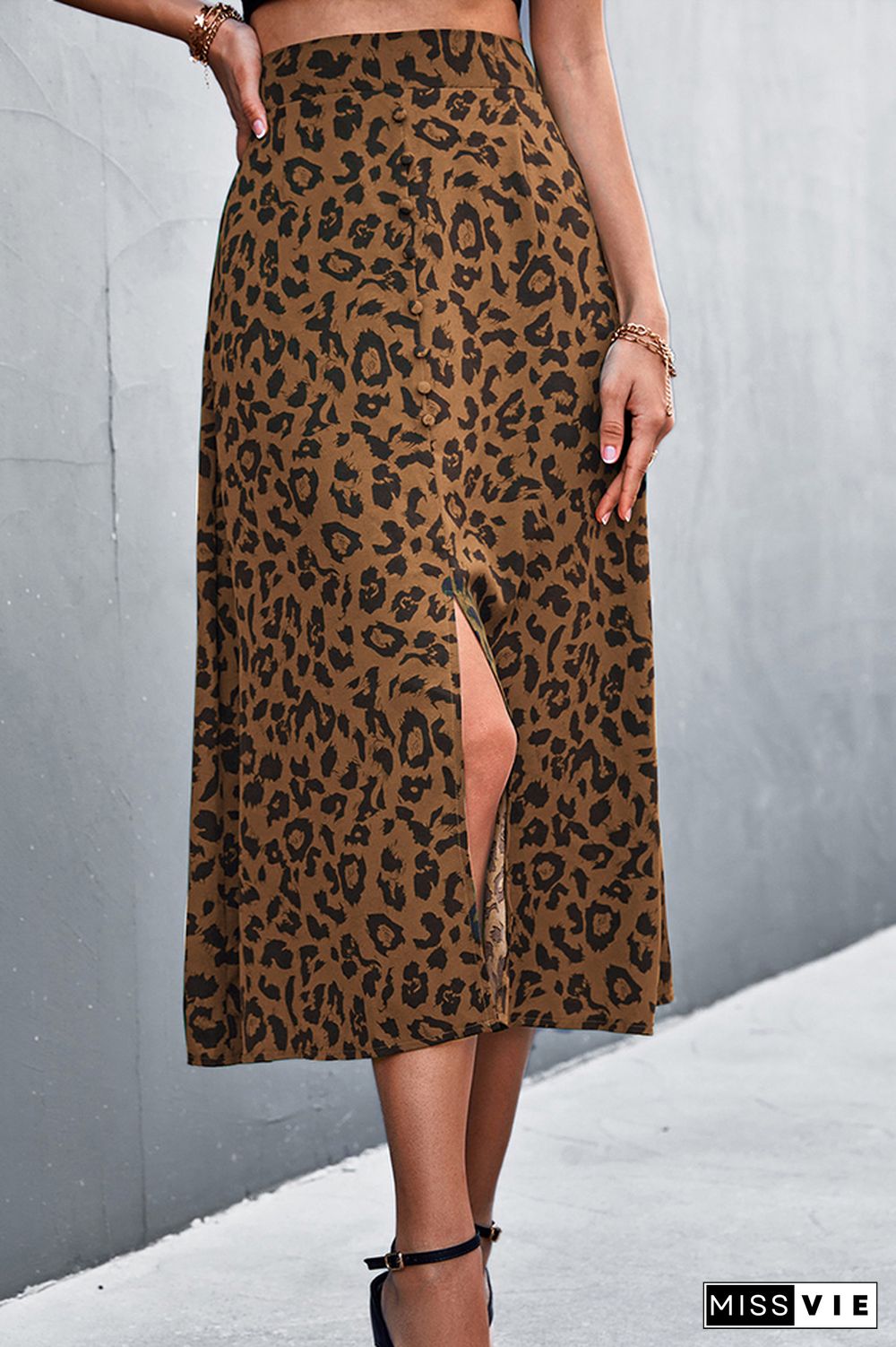 High Waist Leopard Print Split Skirt Wholesale