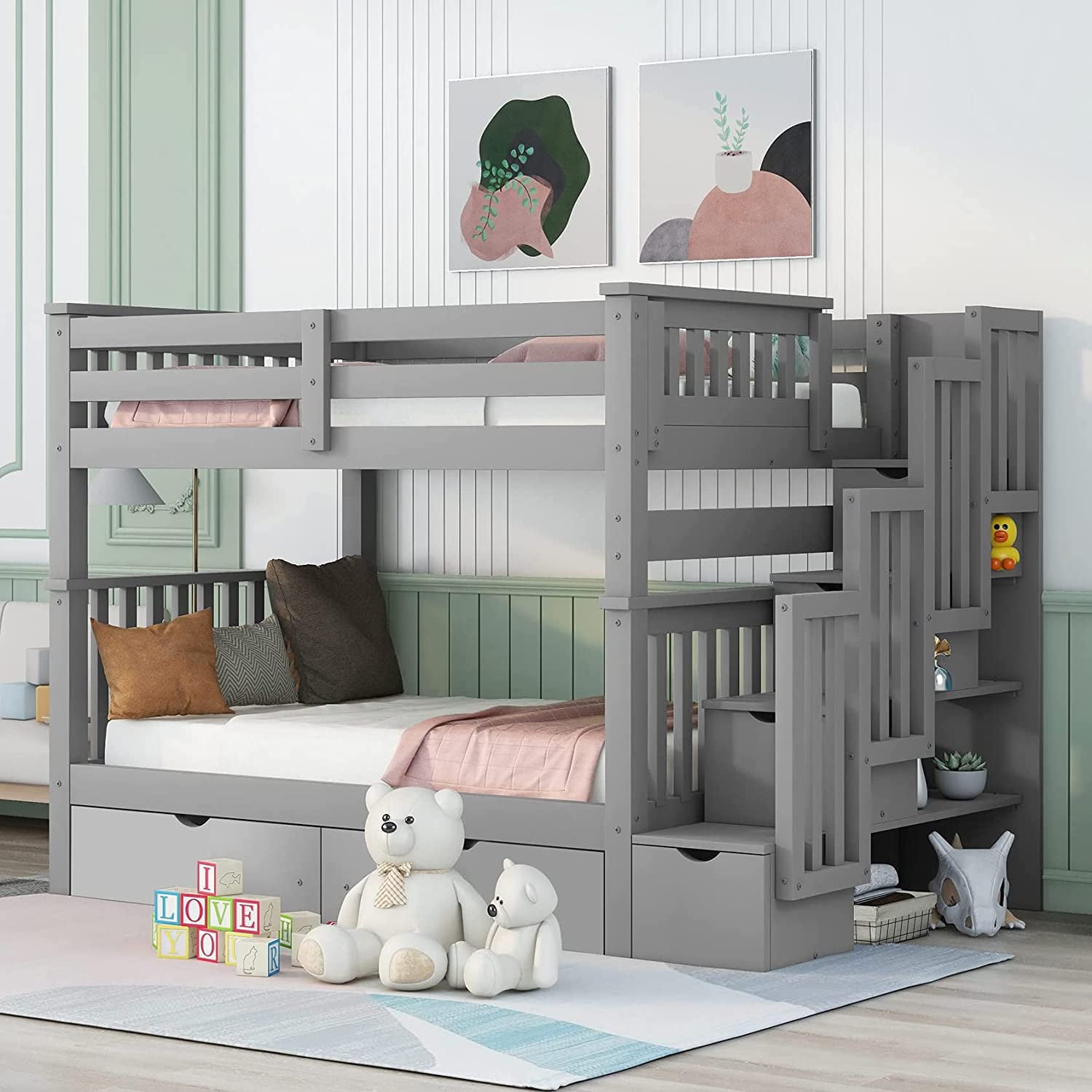 Bellemave Full Over Full Bunk Bed with Stairs and 6 Storage Drawers, Solid Wooden Detachable Bunk Bed Frame with Storage Shelves for Kids Teens Adults (Grey)