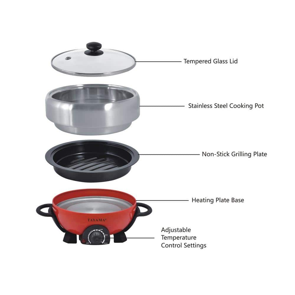 Tayama Shabu 3 qt. Red Electric Multi-Cooker with Stainless Steel Pot Grill TRMC-40RS