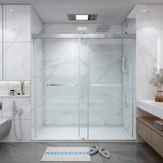 MCOCOD 60 in. W x 79 in. H Double Sliding Frameless Soft Close Shower Door in Brushed Nickel with 38 in. (10 mm) Clear Glass DS13-60x79-BR