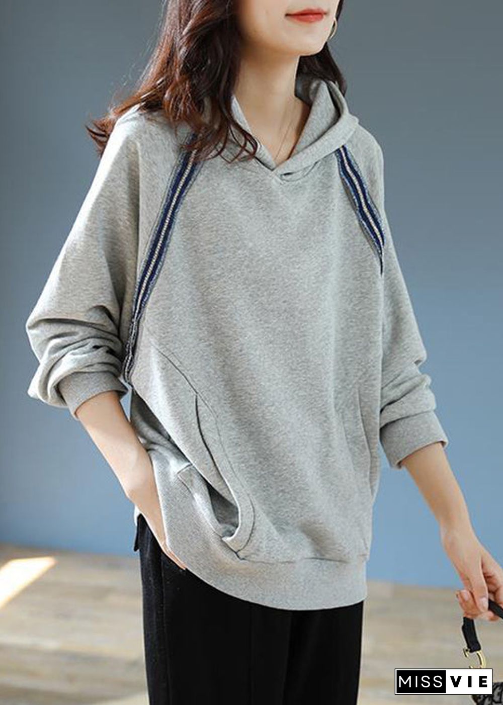 Modern Grey Hooded Pockets Cotton Pullover Sweatshirt Fall