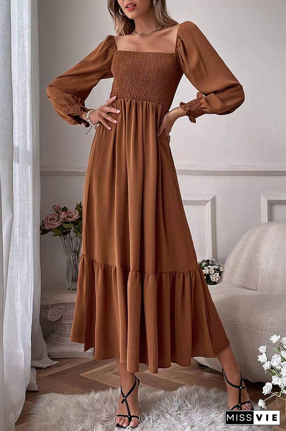 Square Neck Puff Sleeves Ruffle Long Dress