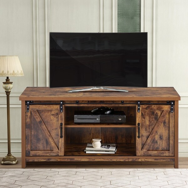 52''W Retro Rustic Wooden TV Stand Console with 2 Front Sliding Door TV Cabinet Entertainment Center