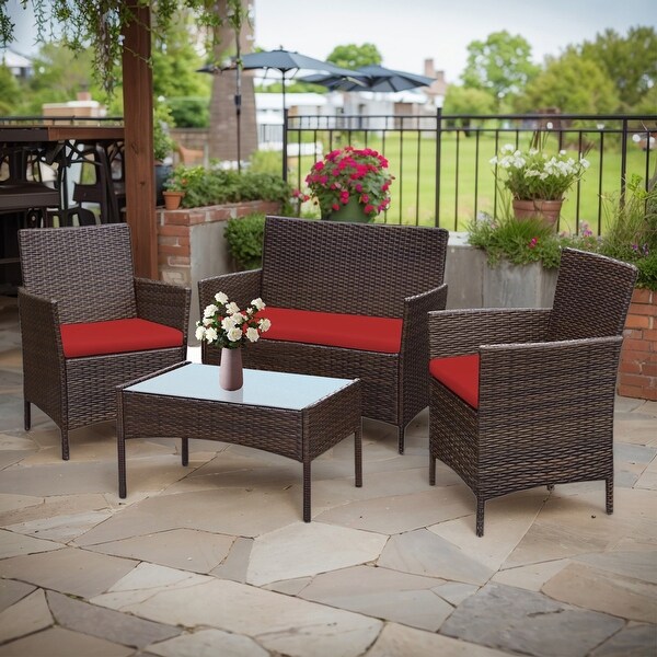 4 Piece Patio Conversation Wicker Furniture Set，Outdoor Rattan Sectional Furniture Set With Cushions