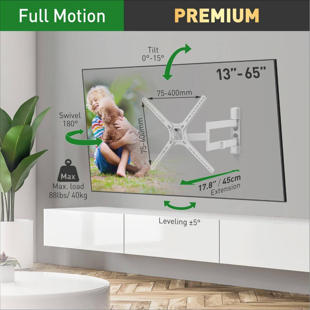 Barkan a Better Point of View Barkan 13 in. to 65 in. Full Motion - 4 Movement Flat  Curved TV Wall Mount White Patented to Fit Various Screen Types 3400W.W