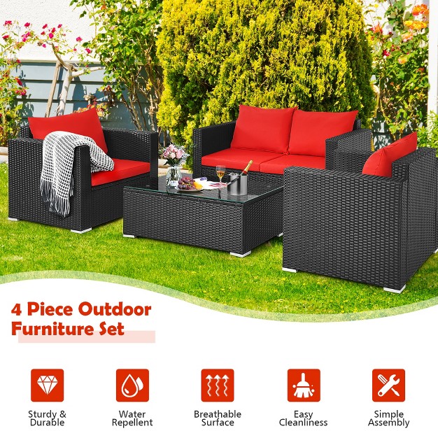 Costway 4pcs Patio Rattan Furniture Set Cushioned Sofa Chair Coffee Table Garden Red