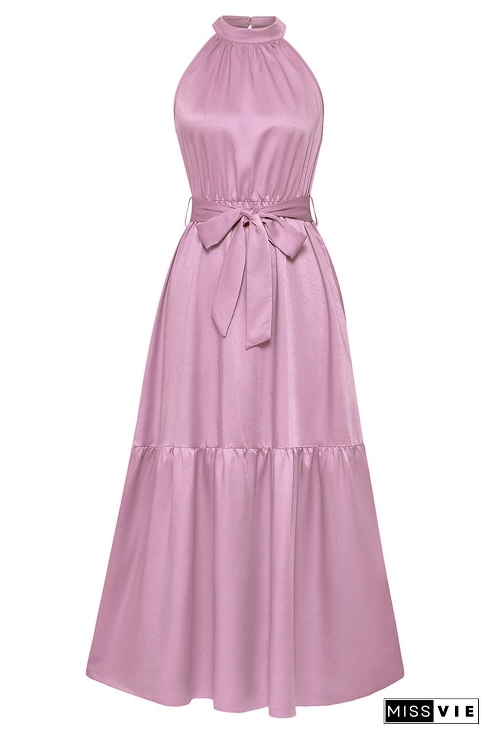 Silky Plain Halter Tiered Maxi Dress