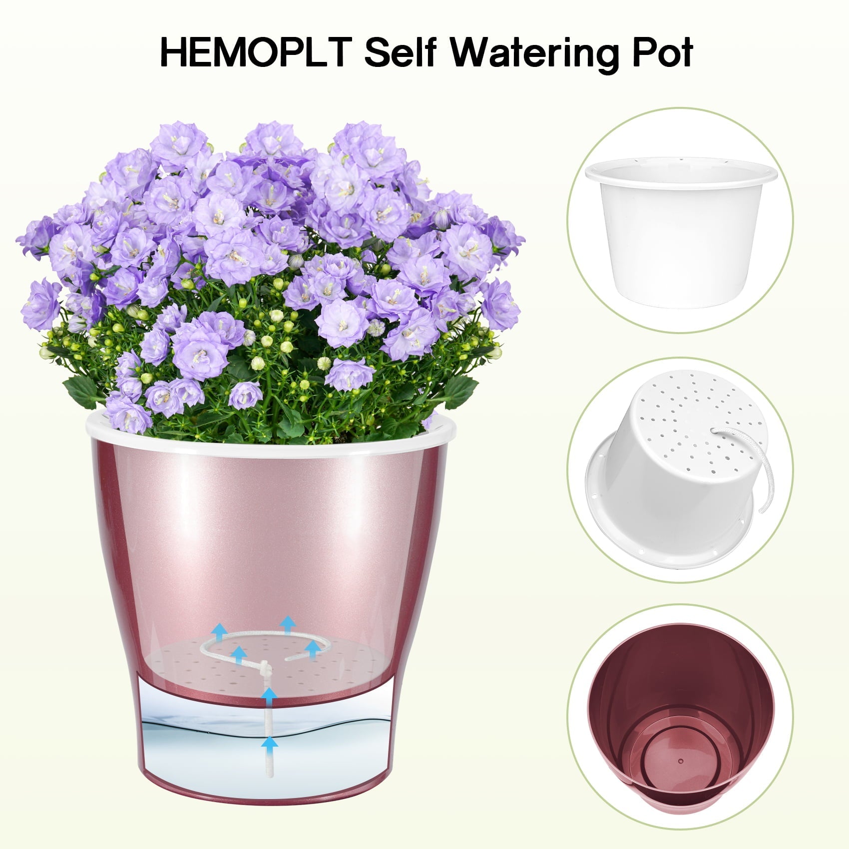 HEMOPLT Self Watering Plant Pots, Pack of 6 Gold/Silver/Rose Gold Flower Pots, 6.8" / 5.1" Indoor Outdoor Plastic Planters, Flower Plant Container for Home Office Garden Patio Balcony Décor