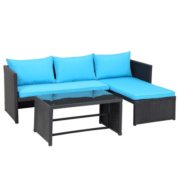 3 Pieces Patio Conversation Set，All Weather Outdoor PE Rattan Wicker Furniture Set with Cushions，Tempered Glass Coffee Table