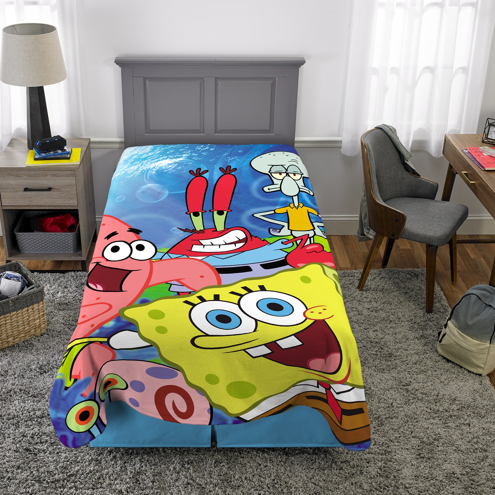 SpongeBob SquarePants Kids Plush Twin/Full Blanket， 62 x 90， Yellow， Nickelodeon