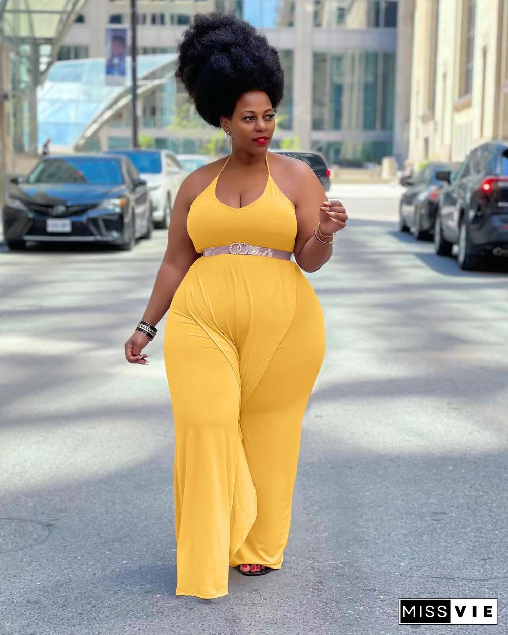 Sexy Solid Color Ruffled Halterneck Plus Size Jumpsuit