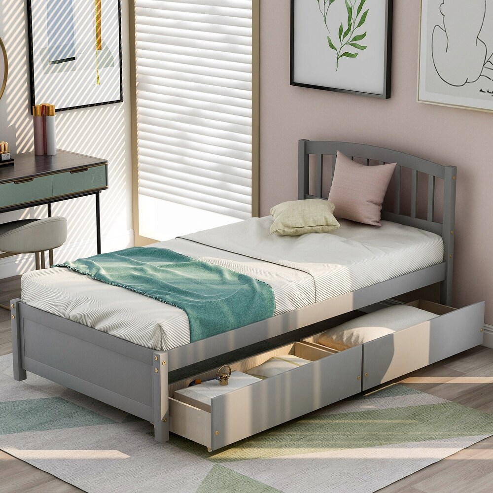 Twin Size Solid Wood Storage Platform Bed with Headboard   2 Drawers