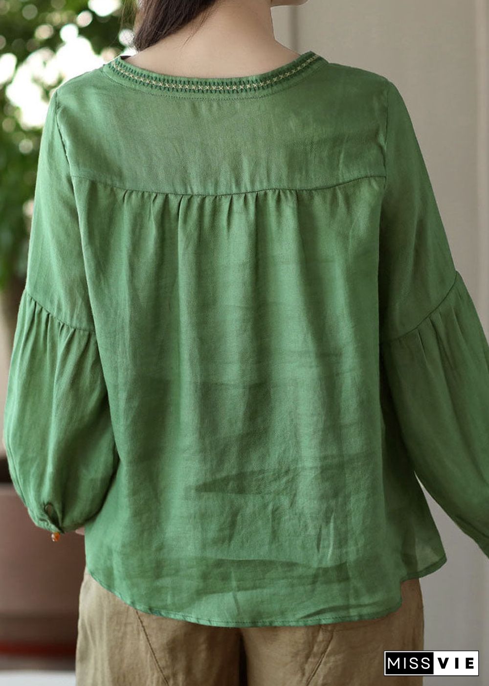 Green Patchwork Linen T Shirt Tops Embroideried Long Sleeve