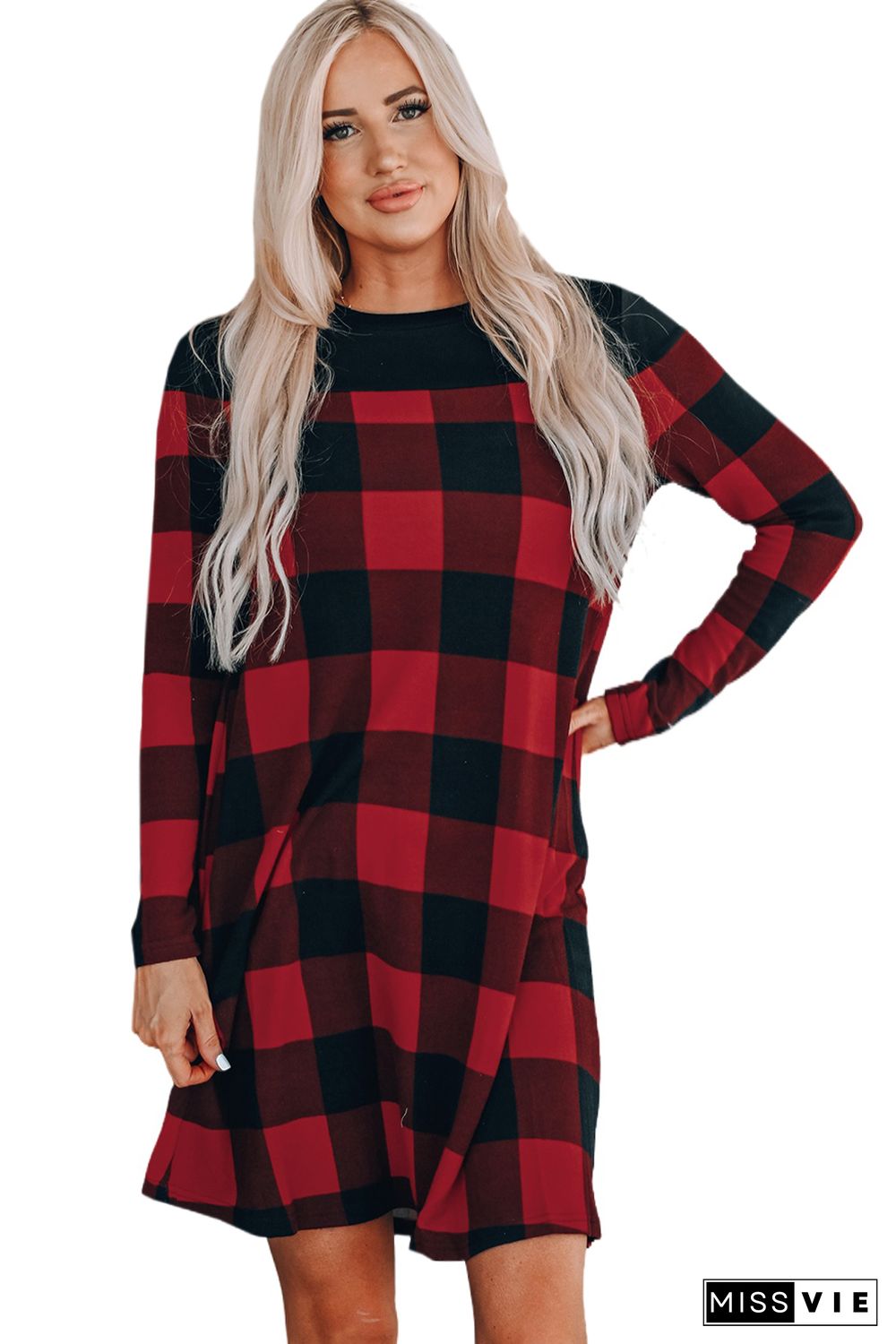 Buffalo Plaid Splicing Long Sleeve Mini Dress