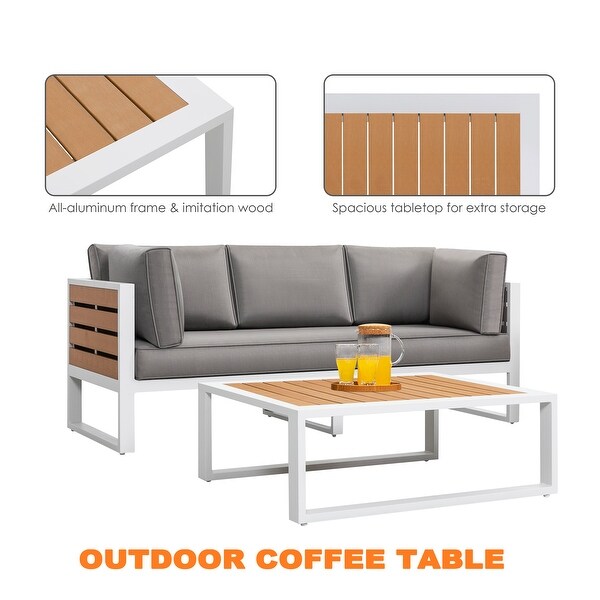 Outdoor Rectangle Coffee Table，Allaluminum Frame，Imitation Wood Tabletop