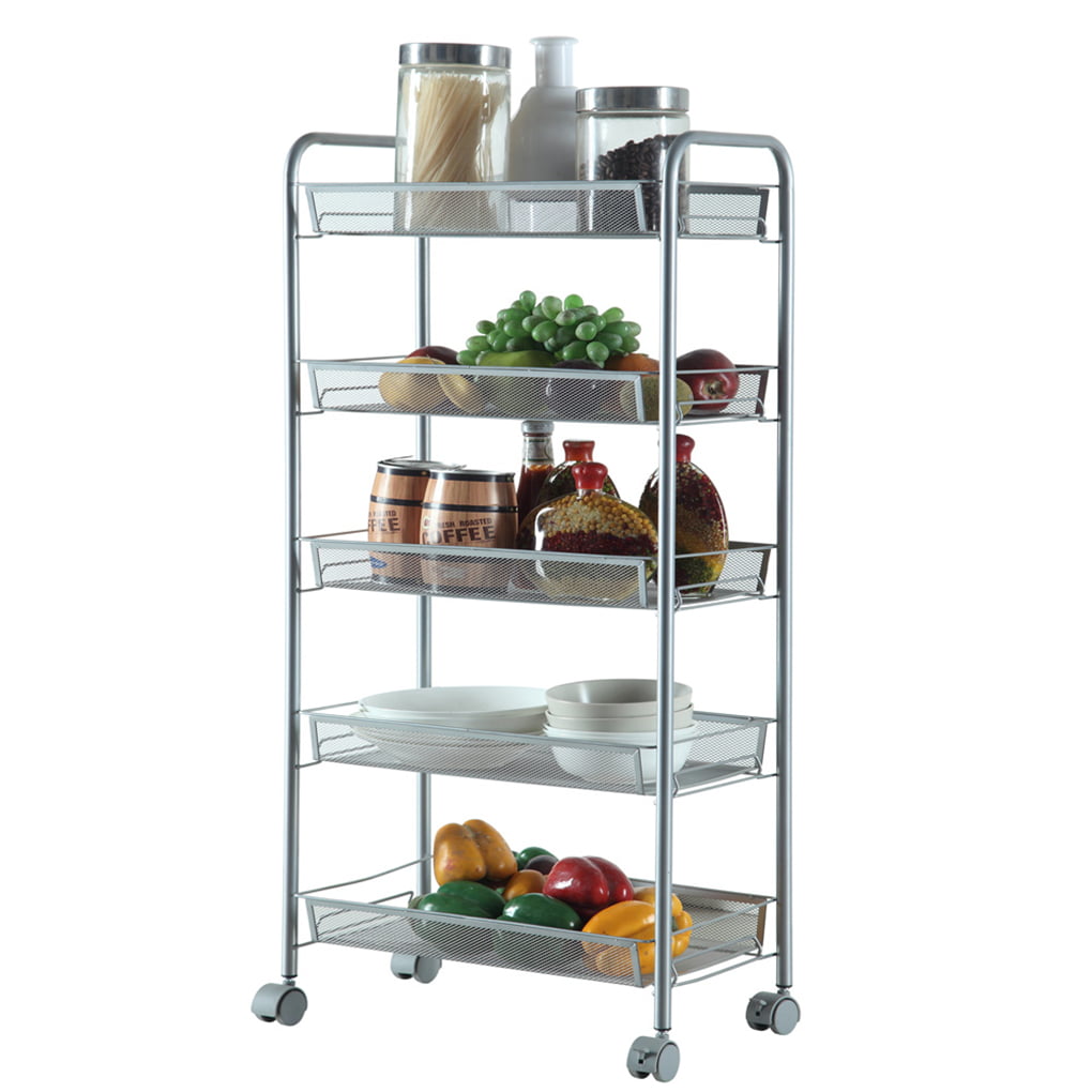 5-Tier Mesh Wire Rolling Cart Storage Multi-Purpose Trolley Organizer Kitchen Pantry Bedroom Bathroom Living Room Shelving Rack