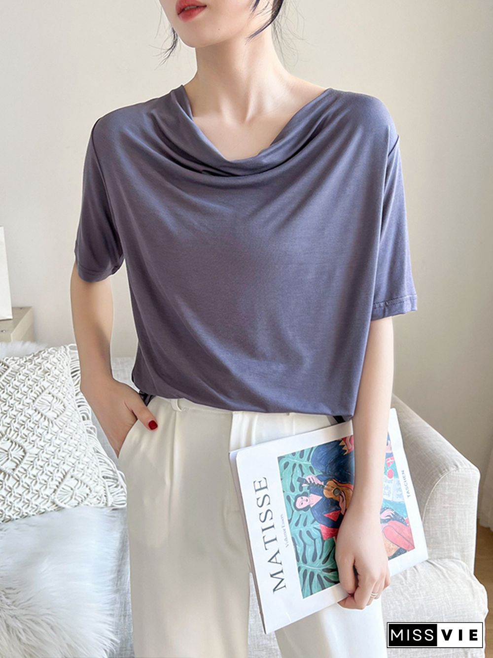 Short Sleeves Pleated Solid Color Heaps Collar T-Shirts Tops