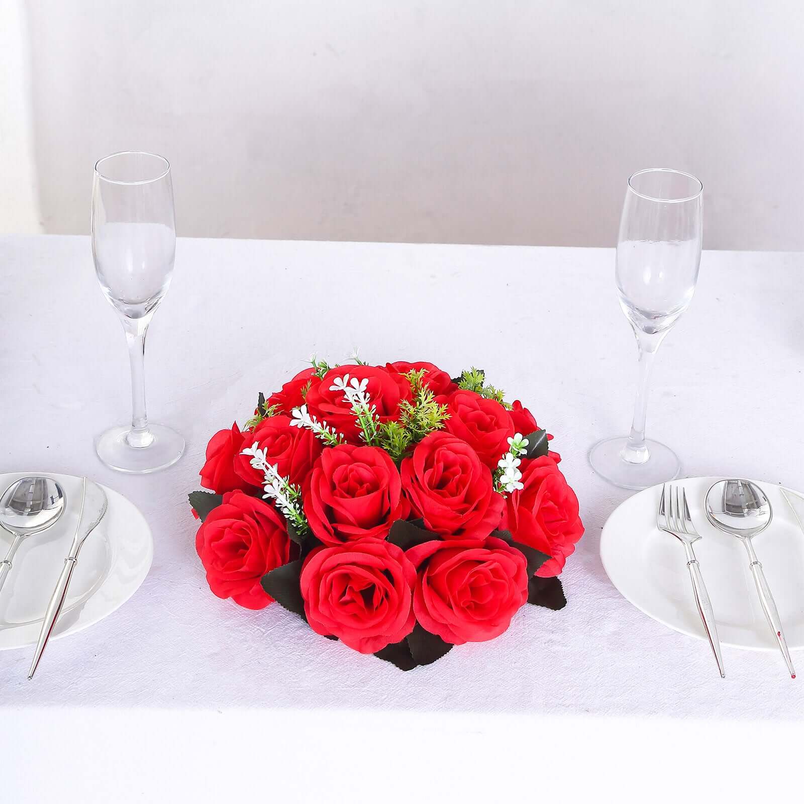 2 Pack Red Artificial Flower Ball Bouquets For Centerpieces, 15-Head Silk Rose Kissing Balls 10