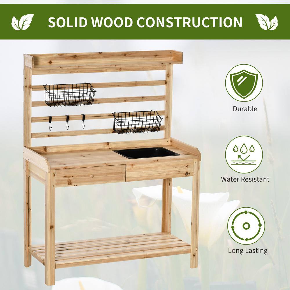 ITOPFOX 42.25 in. W x 56 in. H Natural Garden Work Bench with Metal Sieve Screen Removable Sink Hooks and Baskets H2SA21OT047