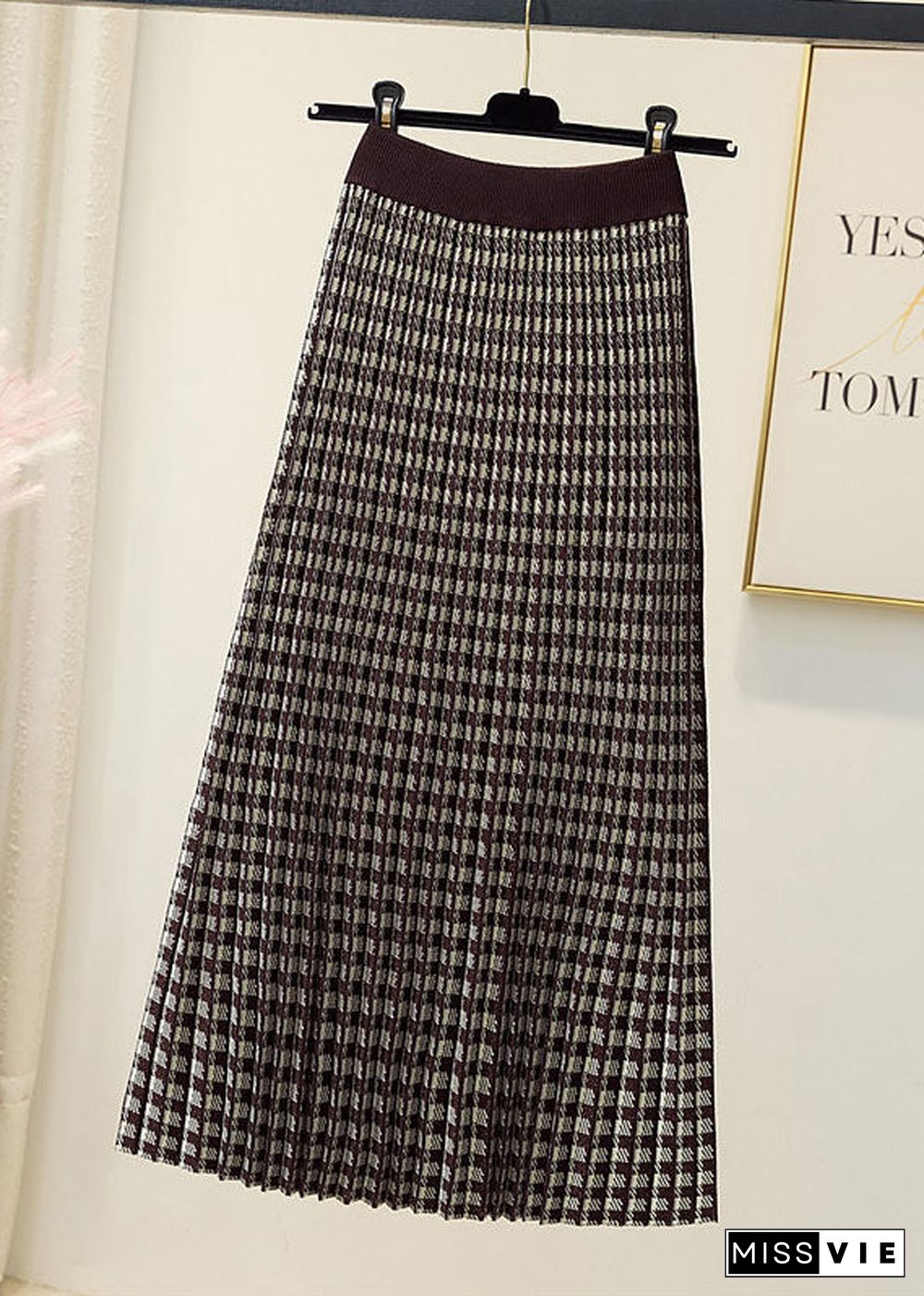 Natural Black Plaid Knit pleated skirt Spring