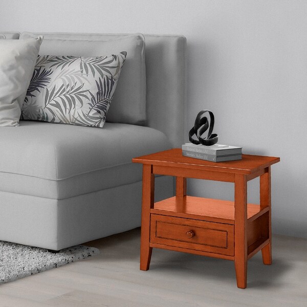 20 Inch Handcrafted Rubberwood Side End Table with an Open Bottom Shelf and A Gliding Bottom Drawer for Living Room