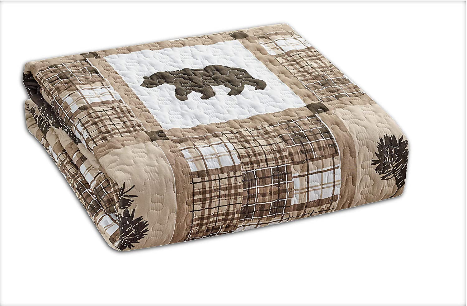 Rustic Modern Farmhouse Cabin Lodge Quilted Bedspread Coverlet Bedding Set with Patchwork of Wildlife Grizzly Bears Deer Buck and Plaid Check Patterns in Taupe Brown - Western-1 (Full/QUEEN)