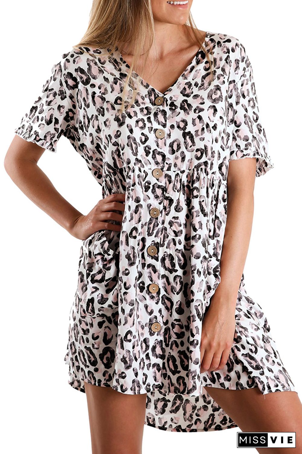 Leopard Print Button Front Ruffle V-neck Dress