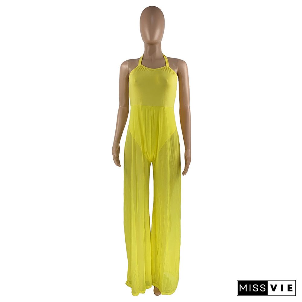 Mesh Sheer Patchwork Halter Neck Backless Jumpsuits