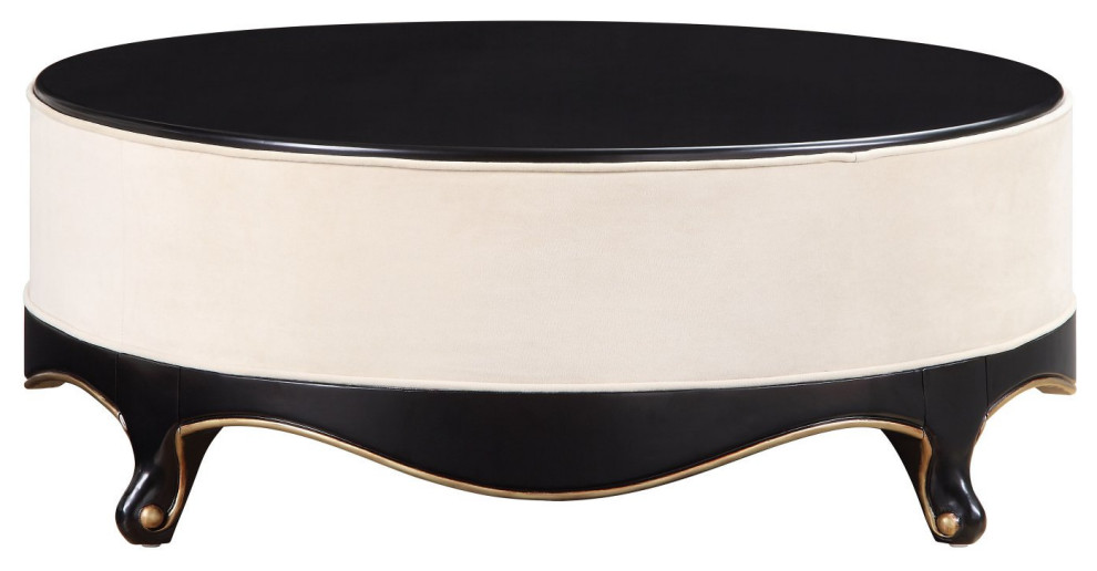 Unique Classic Coffee Table  Round Black Top and Cream Fabric Upholstered Frame   Traditional   Coffee Tables   by Declusia  Houzz