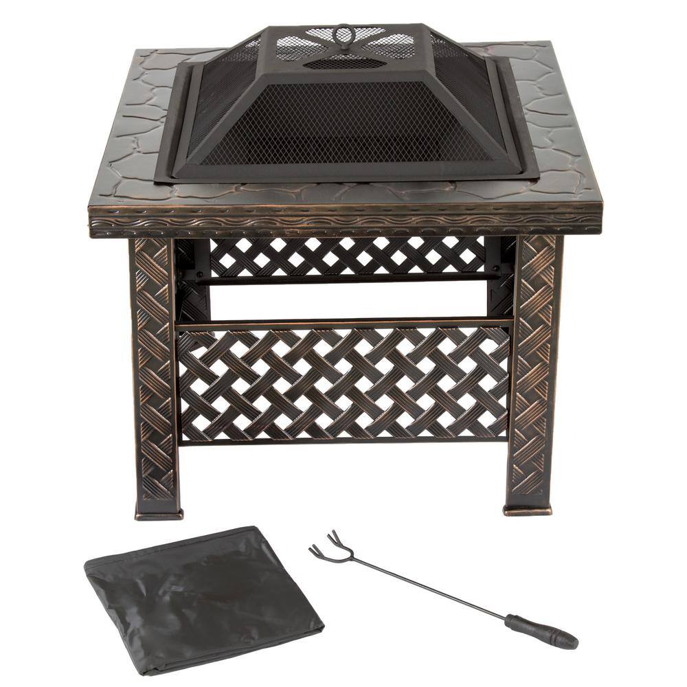 Pure Garden 26 in. Steel Square Woven Fire Pit with Cover M150073