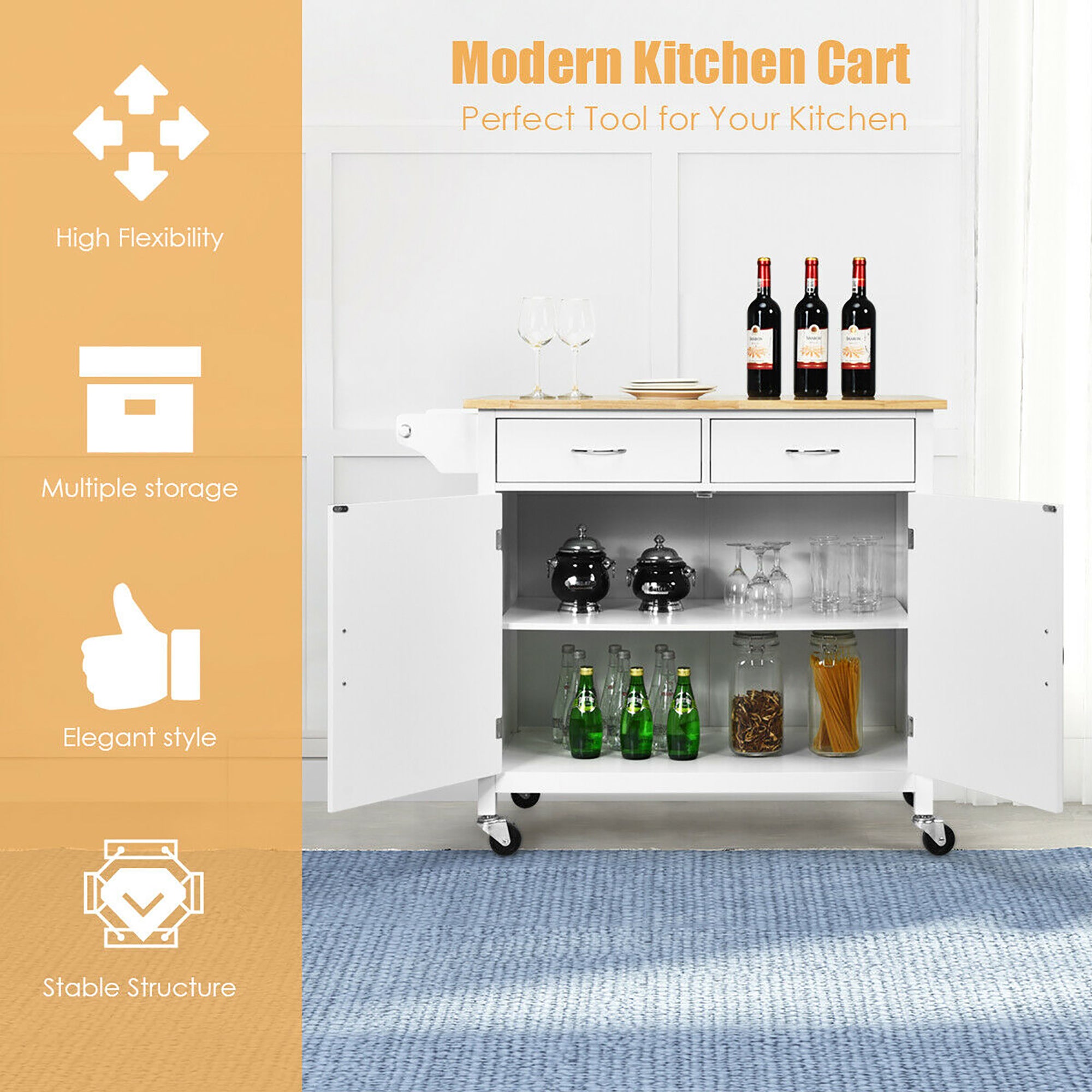 Costway Rolling Kitchen Cart Island Wood Top Storage Trolley Cabinet Utility Modern