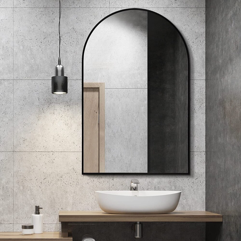 Inch Bathroom Wall Mirror for Vanity  Black Metal Frame Rectangular Mirror  Large Modern Round Corner Mirror