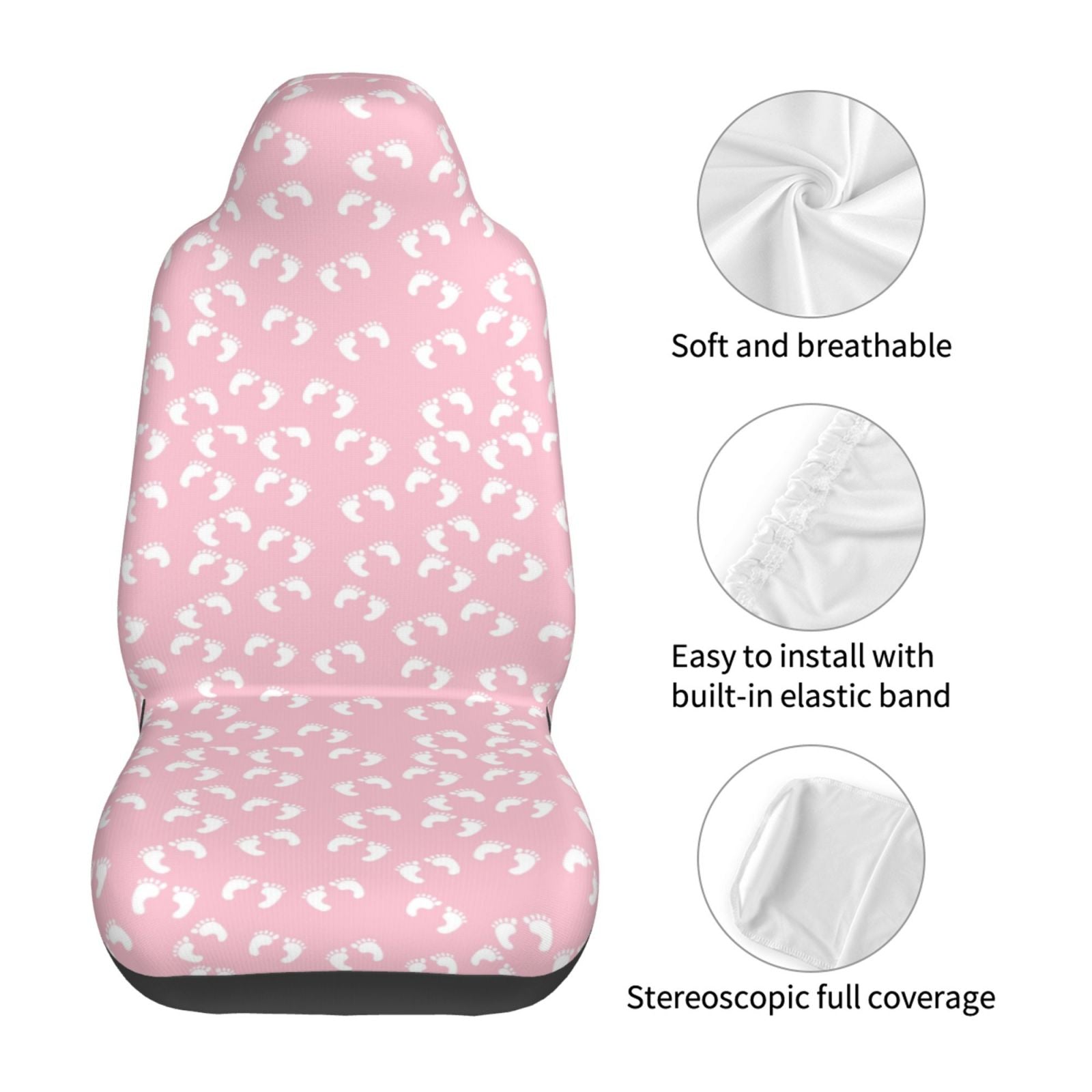 TEQUAN Front Seat Covers， Pink Baby Footprints Pattern 2 Piece Car Seat Cover Fit Most Car SUV Truck Van