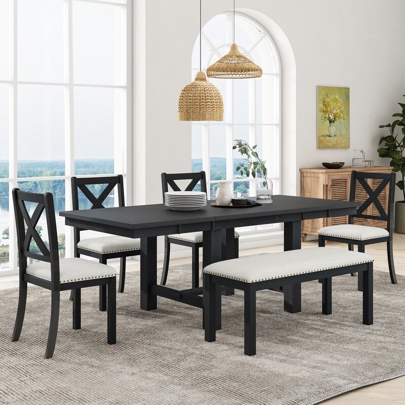 Farmhouse 6 Piece Extendable Dining Table with Footrest  4 Upholstered Dining Chairs and Dining Bench  Two 11\