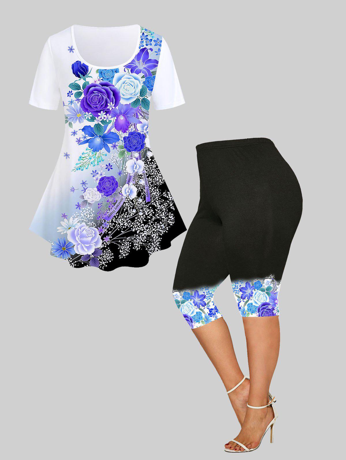 3D Flower Printed Ombre Tee and Floral Printed Ombre Leggings Plus Size Summer Outfit