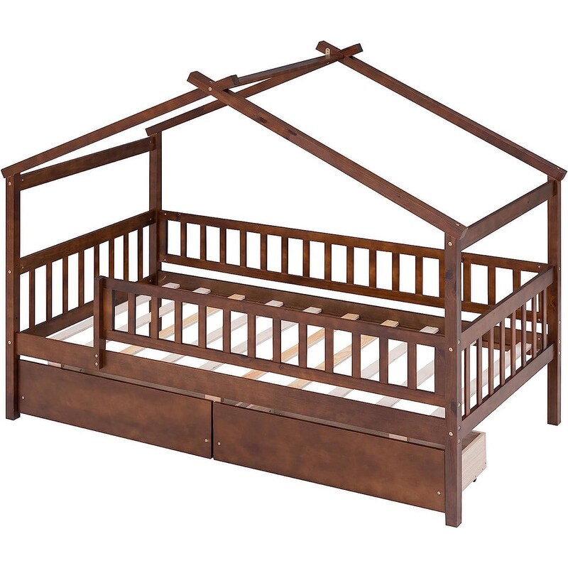 Twin House Bed with 2 Storage Drawers Rails and Roof for Kids