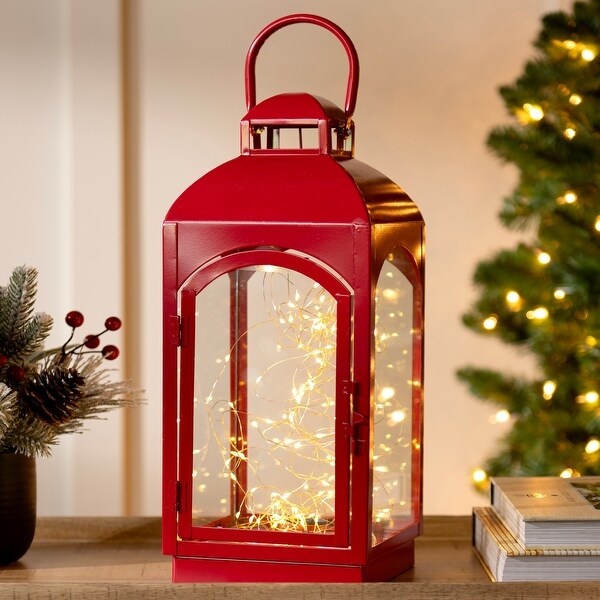 PreLit Red Metal Twinkle Lights Lantern，16 in.