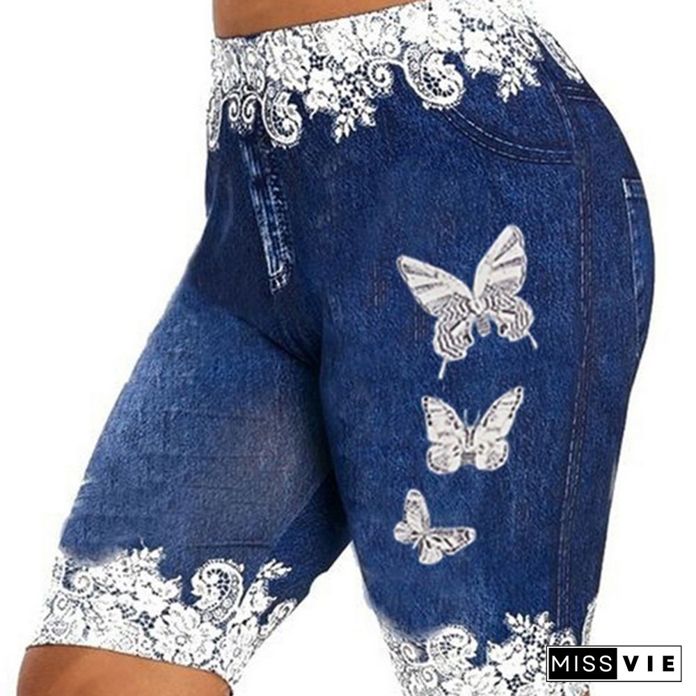 Women Fashion Skinny Butterfly Print Casual Jeggings Faux Denim Imitation Jean Shorts Pants Plus Size