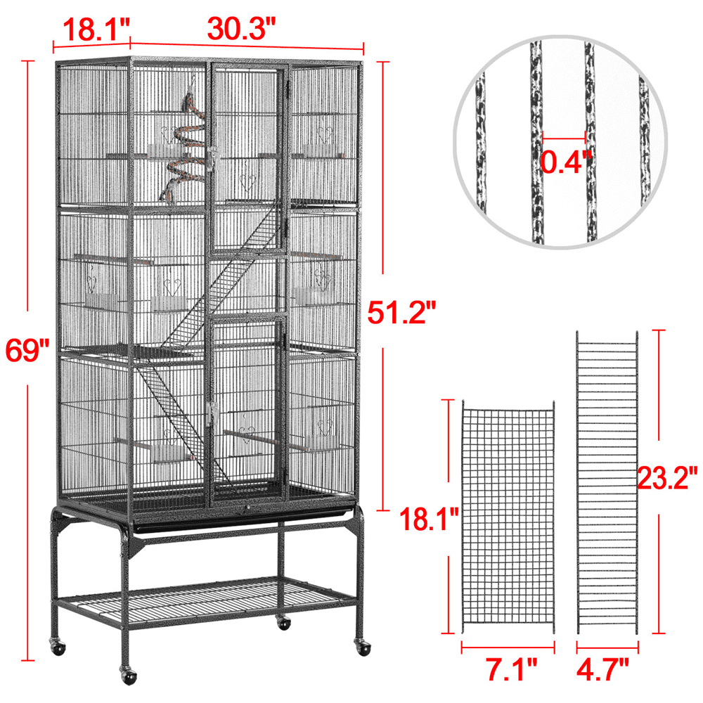 Topeakmart 69''H Extra Large Rolling Metal Parrot Cage Small Animal Cage with Detachable Stand and Ladders， Black