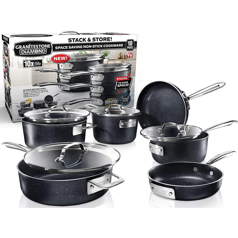 Granitestone Original Stack Master 10 Piece Cookware Set， Triple Layer Nonstick Granite Stone， Large， Black