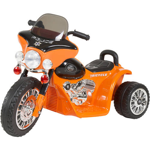 3 Wheel Mini Motorcycle Trike for Kids， Battery Powered Ride on Toy by Rockin’ Rollers – Toys for Boys and Girls， 2 - 5 Year Old - Police Car Orange