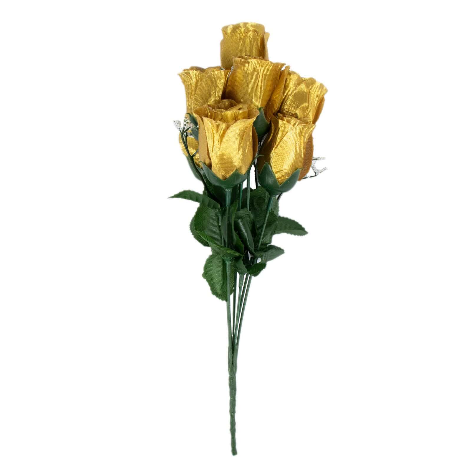 12 Bushes Gold Artificial Premium Silk Flower Rose Bud Bouquets