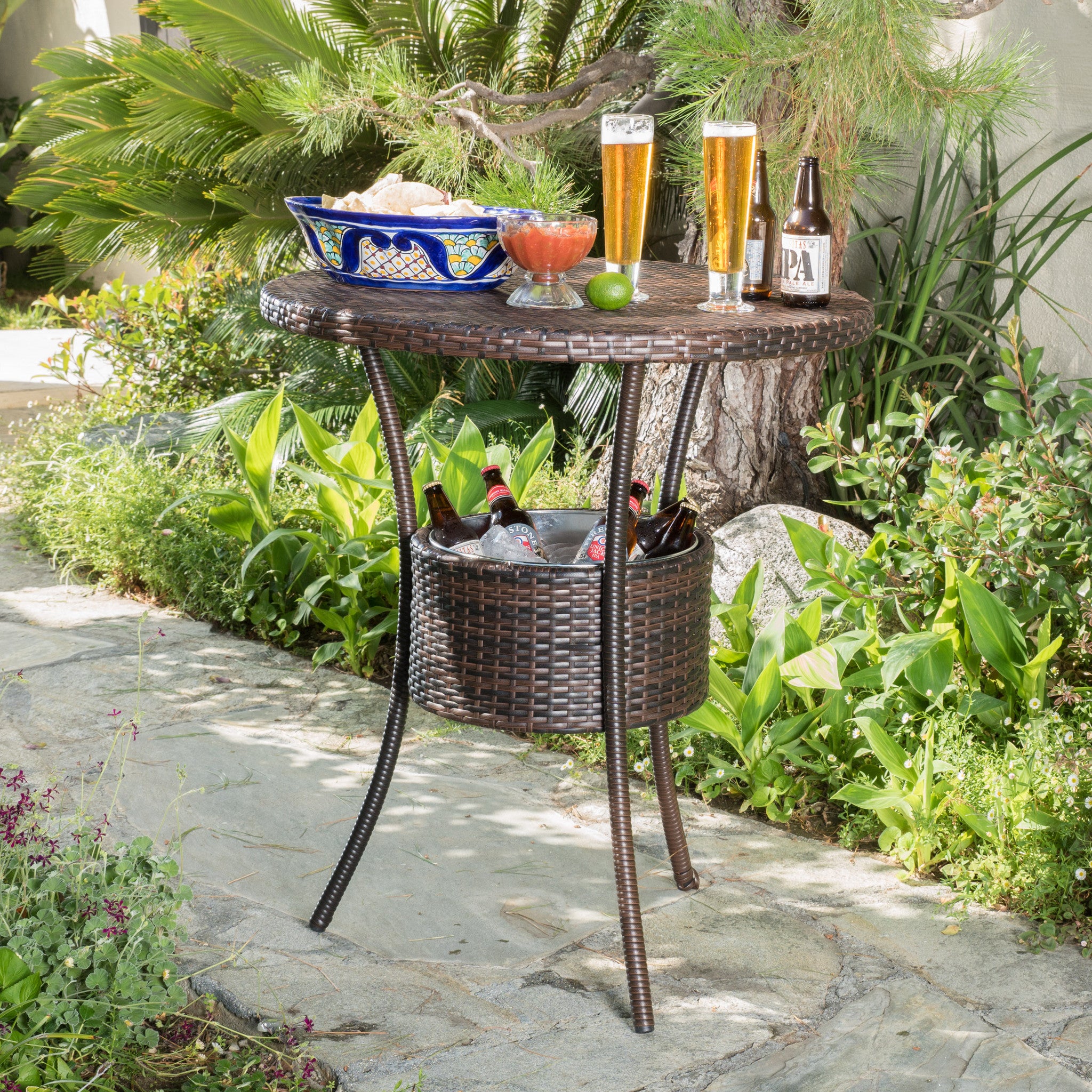 Tampa Bay Outdoor Circular Multi-Brown Wicker Dining Table with Ice Bucket