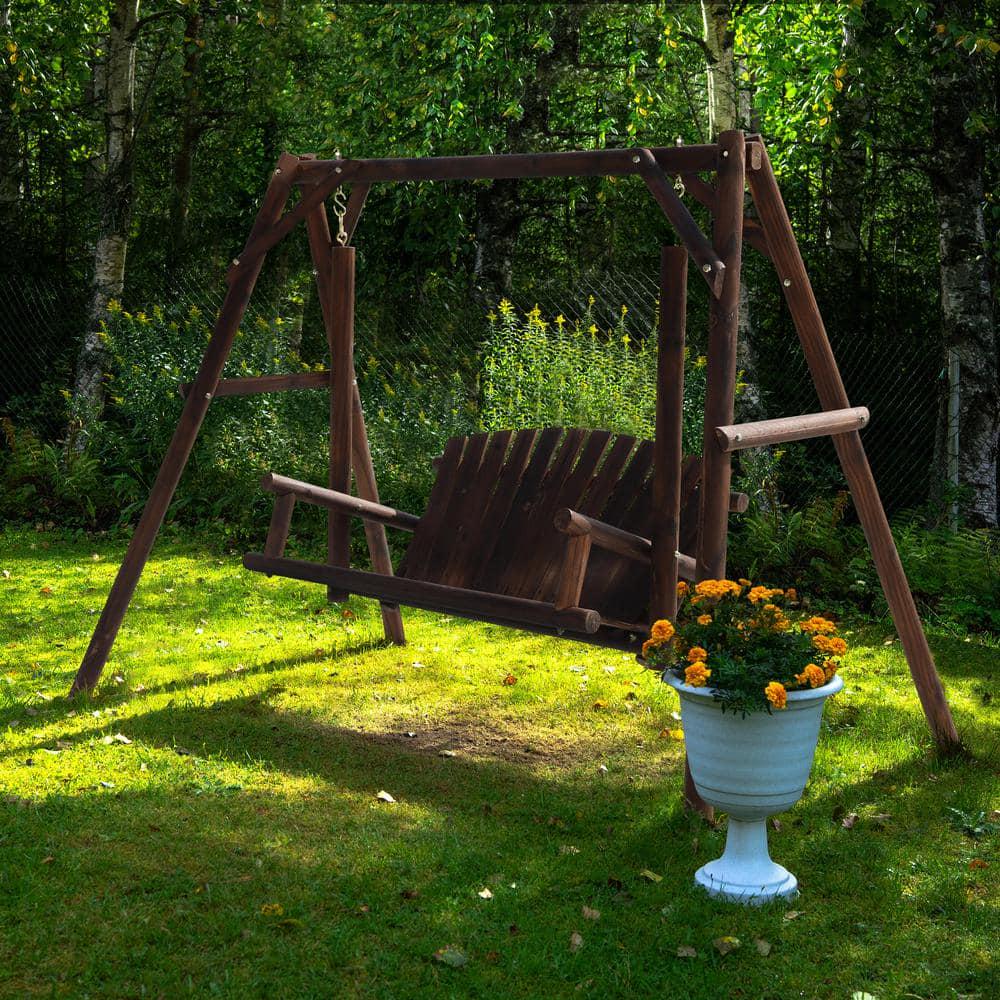 VEIKOUS 44 ft 2Person Carbonized Fir Wood Patio Swing with AFrame Stand